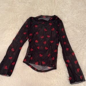 Black Sheer Top with Red Heart Pattern